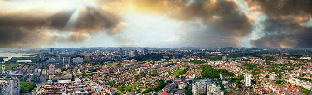 Melaka, Malaysia. Aerial sunset panoramic view of the city