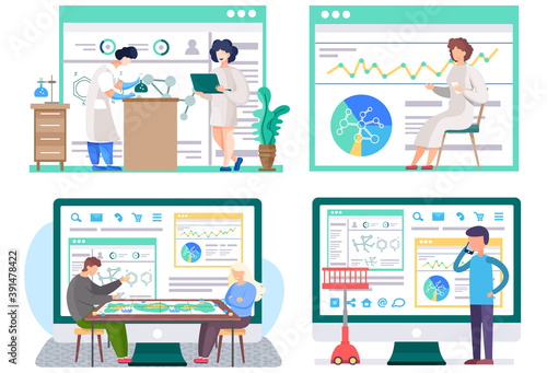 Set of illustrations on the theme of board games and scientific research. Data analysis concept. A girl with a flask in her hands conducts an experiment. People work and communicate through technology