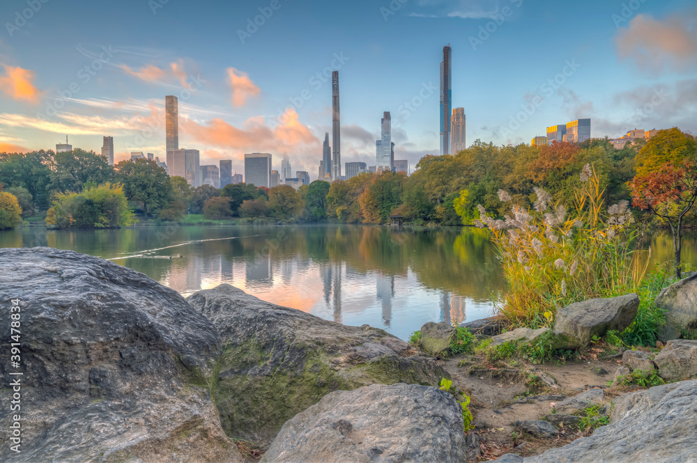Central Park, New York City at the lake autumn