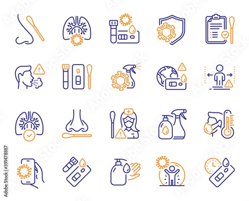 Covid Test line icons. Nasal swab, Blood testing, Waiting time. Social Distance, Hand Sanitizer, Rapid Antigen Test icons. Coronavirus protection, Pneumonia virus. Nose with cotton swab. Vector