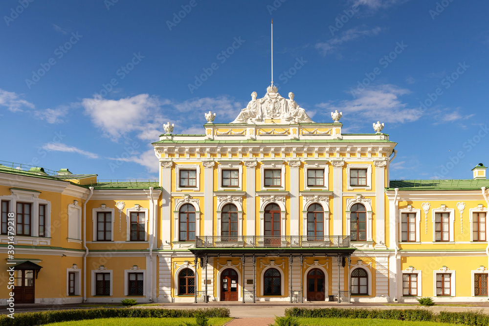 Tver.Tver Imperial travel Palace. 18th century. Cathedral square, view from the Volga embankment. The Palace Of Oldenburg. Summer day