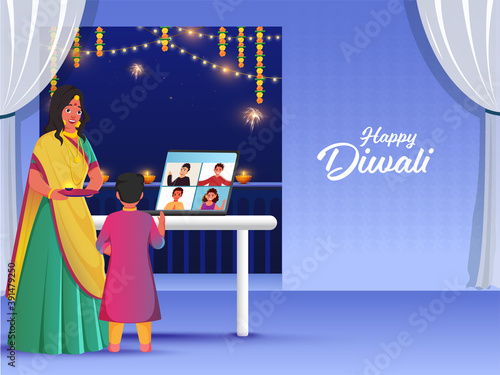 Indian people connecting and wishing on video call on occasion of Diwali. Stay at home concept because of Covid19 pandemic.