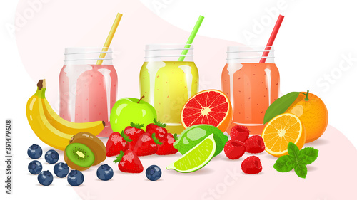 Smoothies with fresh fruits and berries. Fresh fruits, healthy food, detox, vegan concept. Isolated vector illustration.