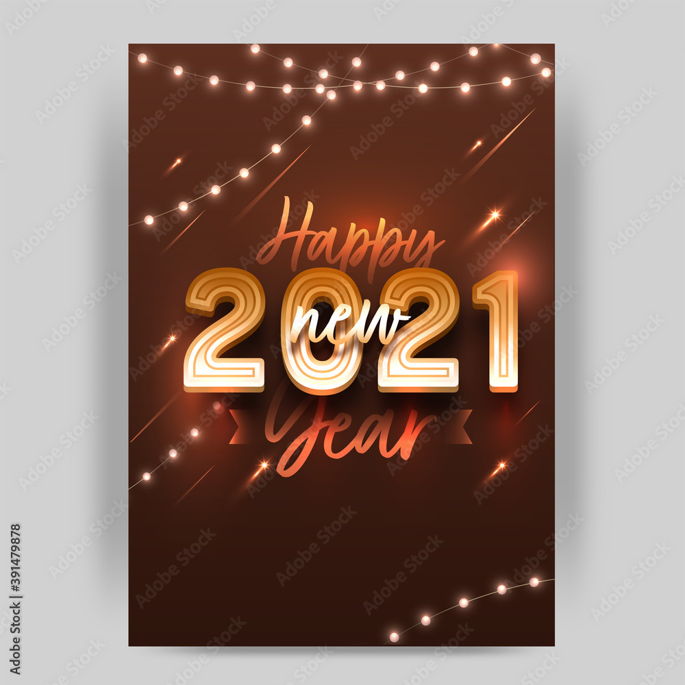 2021 Happy New Year Text On Brown Background Decorated With Illuminated Lighting Garland.