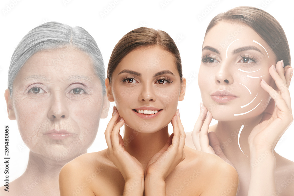 Comparison. Portrait of beautiful woman with problem and clean skin, aging and youth concept, beauty treatment and lifting. Before and after concept. Youth, old age. Process of aging and rejuvenation Comparison. Portrait of beautiful woman with problem and clean skin, aging and youth concept, beauty treatment and lifting. Before and after concept. Youth, old age. Process of aging and rejuvenation