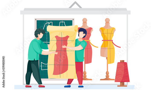 Sewing with designer or seamstress working with red dress pattern. Unfinished dresses model at mannequin on the background. Men are holding the pattern of future clothes. Professional tailoring studio