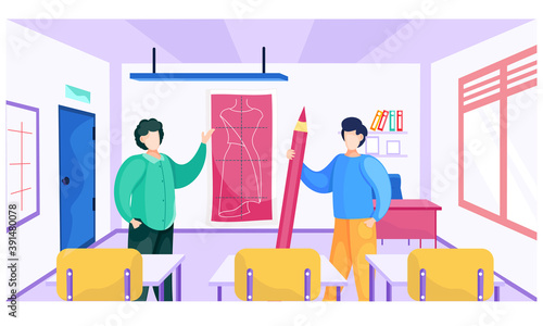 Fashion designers are standing near the sketch with dress in the interior of the classroom and discussing about model. Seamstressers are comparing tailor pattern ang finished dress vector illustration