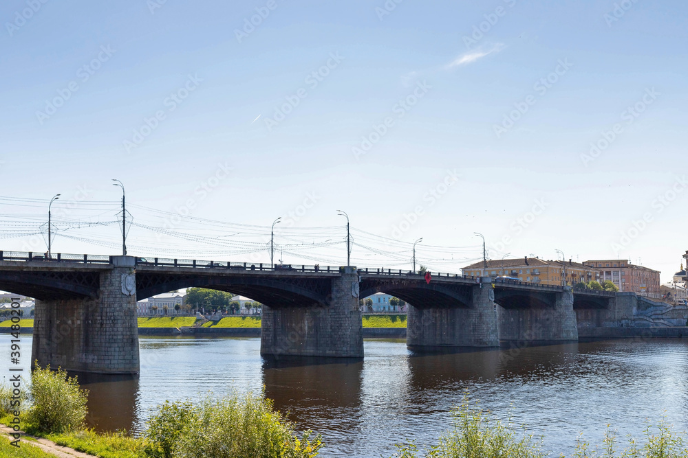 Tver. Tver region. Walk along the Volga. View of the New Volga bridge and the old Volga bridge. Tver. Tver region. Walk along the Volga. View of the New Volga bridge and the old Volga bridge.