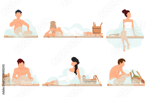 Bath, sauna and spa full of steam procedures. People in banya. Relaxation body care and therapy, aromatherapy and wellness. Hygiene and regeneration warm water and steam people sitting on wooden bench