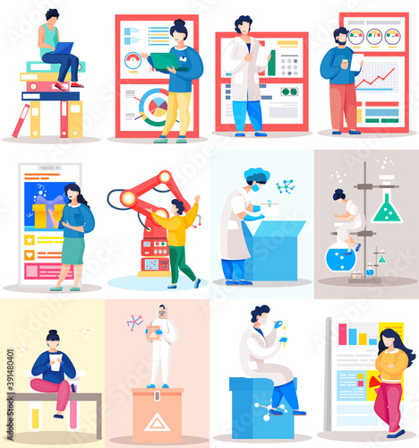 Safety and health. Research in the chemistry room. Statistical analyzes of financial work scenes set. The marketer studies information about the metrics. People work with laptop and document