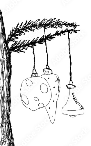 Christmas decoration hanging on a fir tree branch. Hand drawn illustration