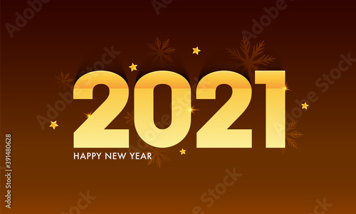 Golden 2021 Number With Stars And Snowflakes On Brown Background.