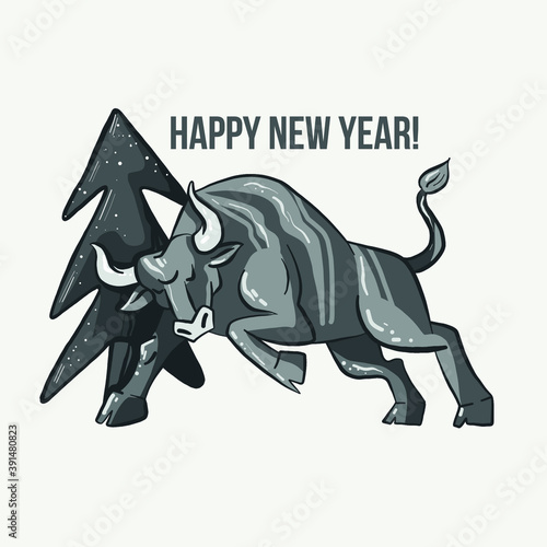 metal bull new year symbol. Chinese horoscope symbol. Snowflakes and lettering calligraphy congratulations Happy New Year.