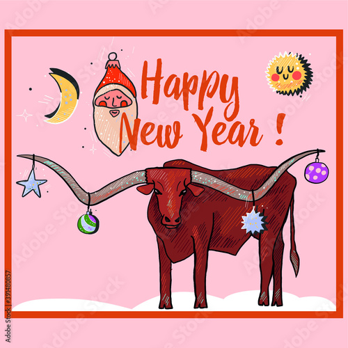 vector illustration, poster for the new year of the bull. Symbol of the year with New Year's attributes and Christmas tree decorations. Calligraphic inscription.