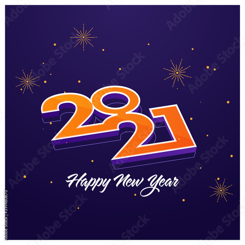 3D 2021 Number With Fireworks On Violet Background For Happy New Year Celebration.