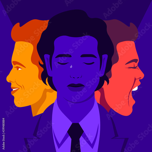 Bipolar disorder. Joy and aggression. Scream and smile. Male’s face in profile. Vector flat illustration