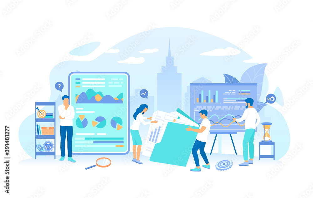 Fototapeta premium A team of specialists analyzes documents, graphics, charts. Analytics, analysis, analyzing, data processing, success strategy. Working process, teamwork communication. Vector