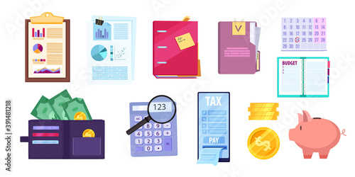 Financial audit business illustration set with tax report, calculator, piggy bank, wallet, money, smartphone. Budget planning cartoon vector collection. Financial audit clipart isolated on white