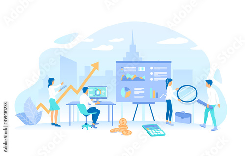 Audit team checks information data, documents, makes calculations. Auditing, analysis, accounting, analytics. Working process, teamwork communication. Vector
