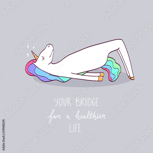Vector unicorn print in bridge yoga pose.