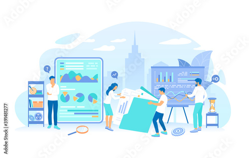 A team of specialists analyzes documents, graphics, charts. Analytics, analysis, analyzing, data processing, success strategy. Working process, teamwork communication. Vector