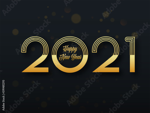 Golden 2021 Happy New Year Text on Black Background.
