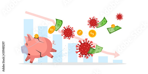 Financial economy crisis concept with scared running piggy bank in mask, COVID-19 images, coins,dollars. Coronavirus business collapse vector illustration with faced down arrow.Financial crisis design