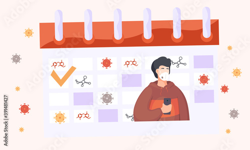 Calendar with an image of a check mark, a picture of a man in medical face mask holding a phone. Appearance of the calendar during an epidemic and quarantine. Preventing the spread of a disease