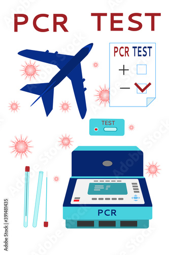 PCR test for airplane travel. Laboratory equipment: PCR amplification and express test, test tubes. Vector illustration. Flat style