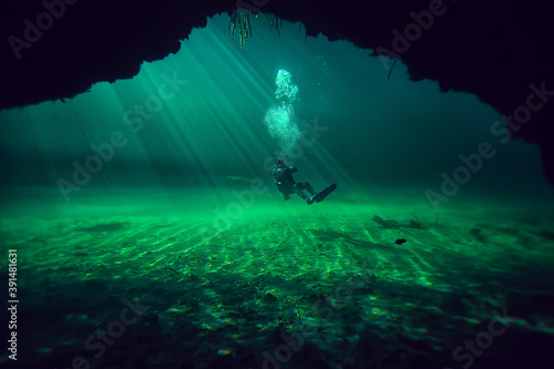 diving in the cenotes, mexico, dangerous caves diving on the yucatan, dark cavern landscape underwater