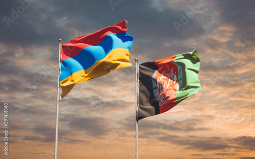 Beautiful national state flags of Afghanistan and Armenia together at the sky background. 3D artwork concept.