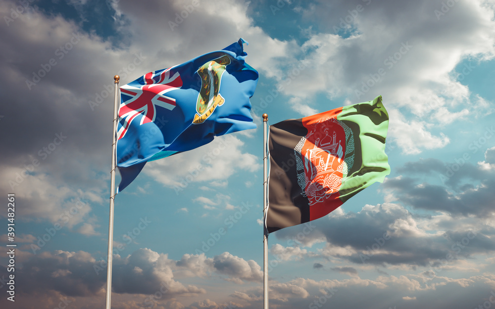Beautiful national state flags of Afghanistan and British Virgin Islands together at the sky background. 3D artwork concept. Beautiful national state flags of Afghanistan and British Virgin Islands together at the sky background. 3D artwork concept.