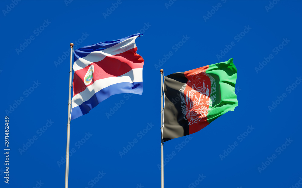 Beautiful national state flags of Afghanistan and Costa Rica together at the sky background. 3D artwork concept.