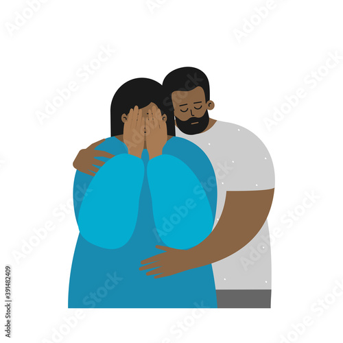 Vector flat illustration about mental health in family, importance to support partner in depression and stress. Mood swings of pregnant woman. African american husband hugs crying and upset wife
