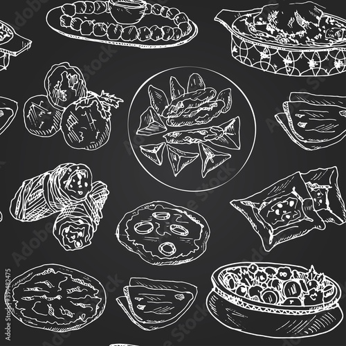 Middle eastern food menu doodle icons on chalkboard. Vector illustration