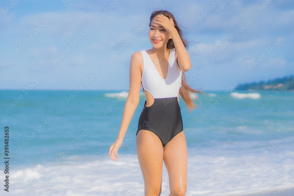Portrait beautiful young asian woman relax smile around beach sea ocean Portrait beautiful young asian woman relax smile around beach sea ocean