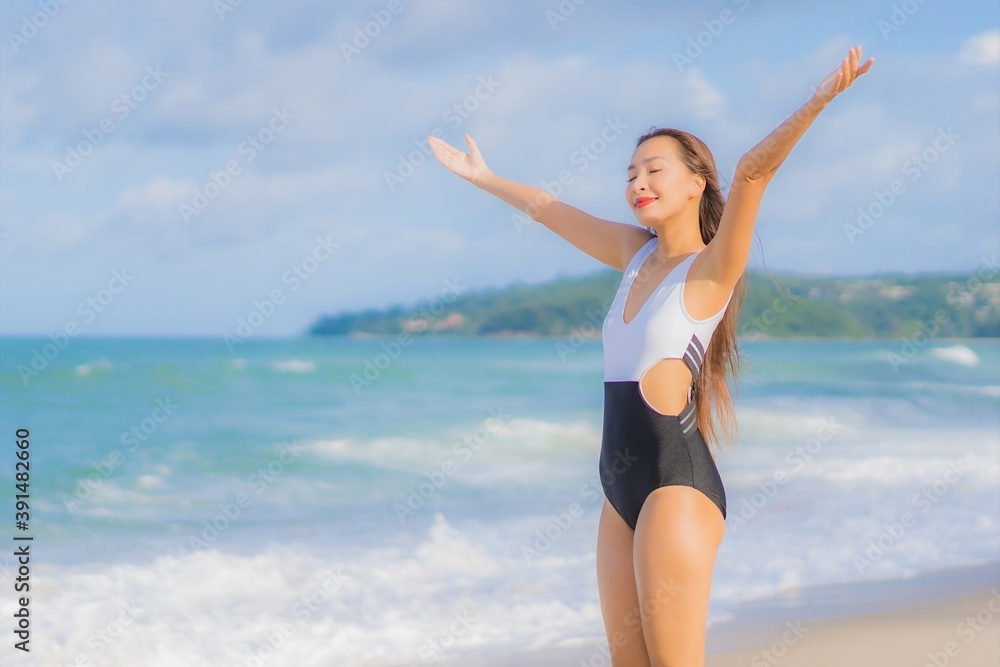 Portrait beautiful young asian woman relax smile around beach sea ocean Portrait beautiful young asian woman relax smile around beach sea ocean