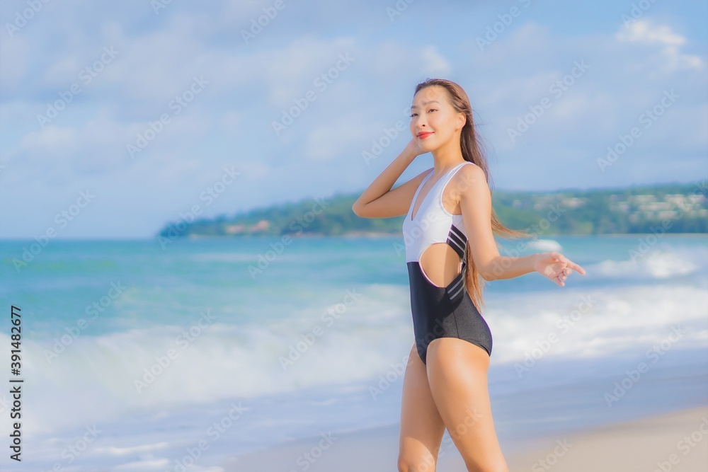 Portrait beautiful young asian woman relax smile around beach sea ocean Portrait beautiful young asian woman relax smile around beach sea ocean