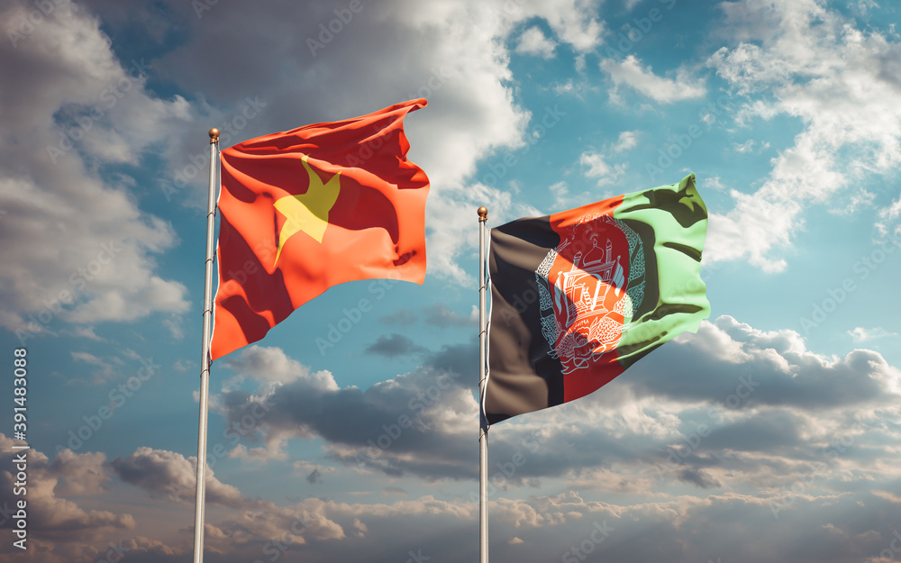 Beautiful national state flags of Vietnam and Afghanistan together at the sky background. 3D artwork concept. Beautiful national state flags of Vietnam and Afghanistan together at the sky background. 3D artwork concept.