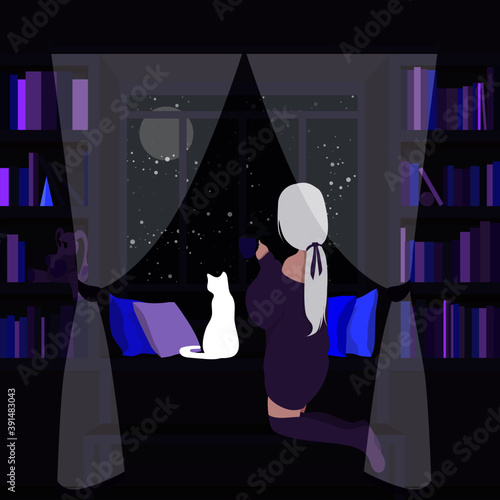 Snowfall at night. Big moon. The girl is drinking hot tea. A white cat sits nearby and looks out the window. Christmas is coming. A cozy room with books, a large window.
