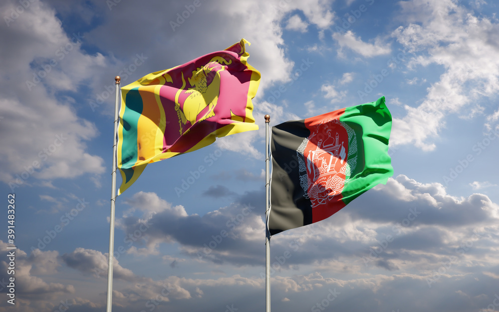 Beautiful national state flags of Sri Lanka and Afghanistan together at the sky background. 3D artwork concept. Beautiful national state flags of Sri Lanka and Afghanistan together at the sky background. 3D artwork concept.