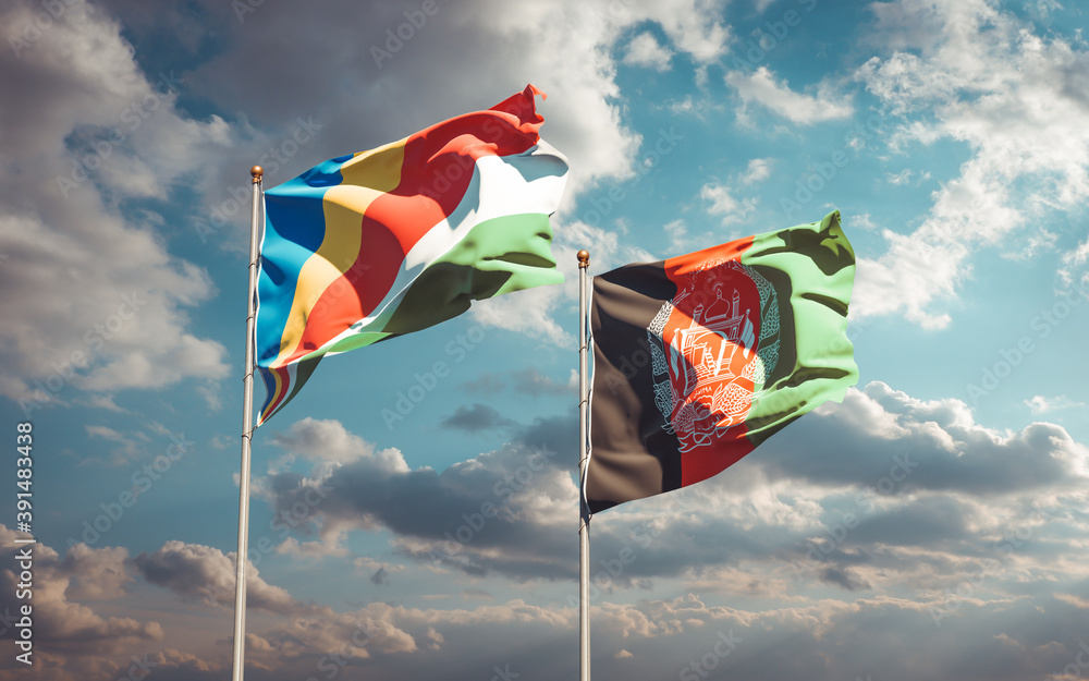 Beautiful national state flags of Seychelles and Afghanistan together at the sky background. 3D artwork concept. Beautiful national state flags of Seychelles and Afghanistan together at the sky background. 3D artwork concept.