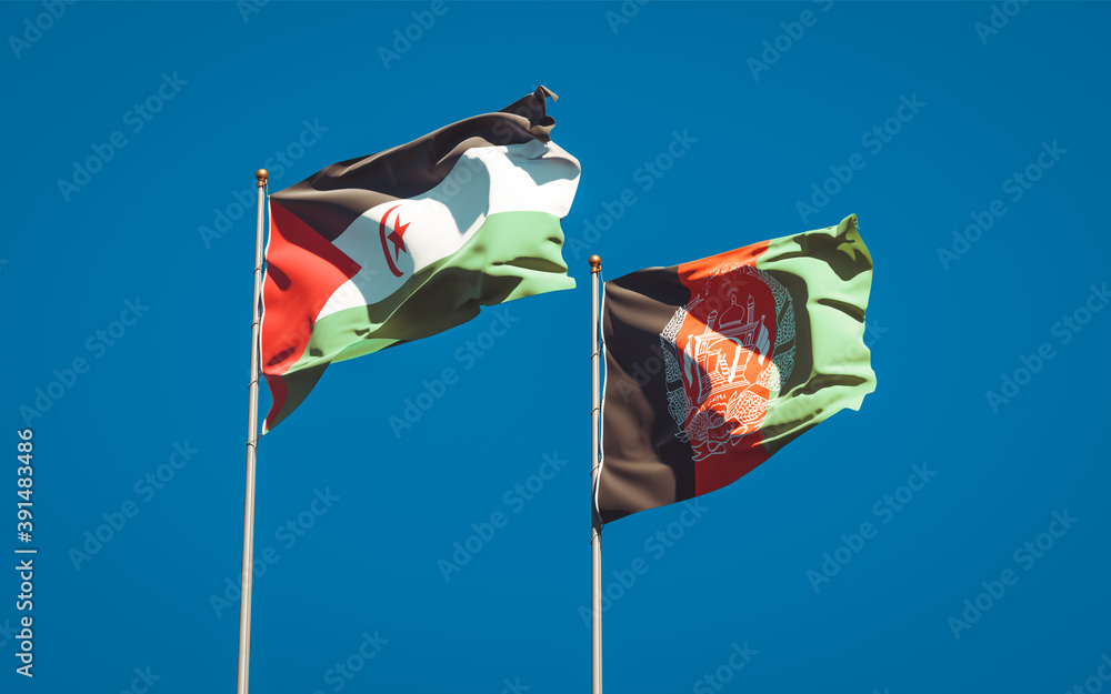 Beautiful national state flags of Sahrawi and Afghanistan together at the sky background. 3D artwork concept. Beautiful national state flags of Sahrawi and Afghanistan together at the sky background. 3D artwork concept.