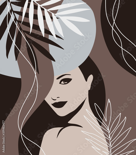 Beautiful woman silhouette vector design, lady smart eyes abstract floral background illustration