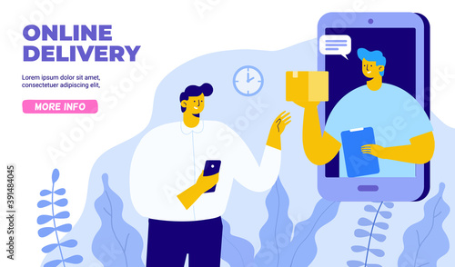 Young man receiving parcel from delivery service courier through smart phone screen. Application concept for online shopping and order delivery. Internet Delivery concept. Flat vector illustration