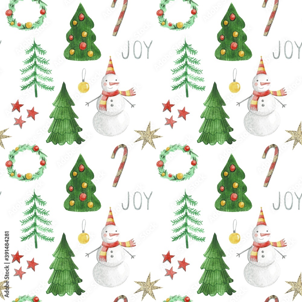 Watercolor Christmas pattern, with snowmen and Christmas trees. New year winter holiday texture