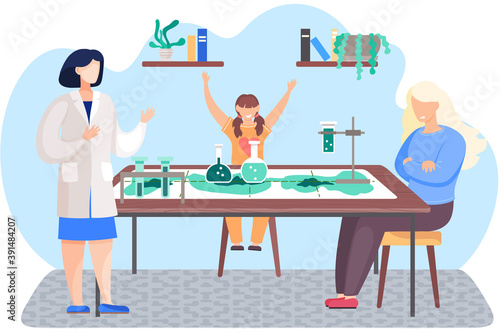 Family plays a board game about chemistry. Experiments with reagents at home. Girl sits and rejoice. Scientist controls the experiment. Woman is angry because of the loss. Laboratory in apartment