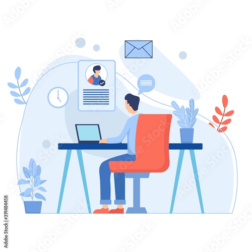Man character learn remotely from home. Online distance education. 
Home schooling by tutor or online teacher. Isolation at home during the Coronavirus epidemic. Stay home.