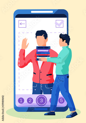 Smartphone screen with app for adding filters. Interface for taking portrait. A man carries a stack of books against the background of a large phone screen. Photos processing. Photo for social network
