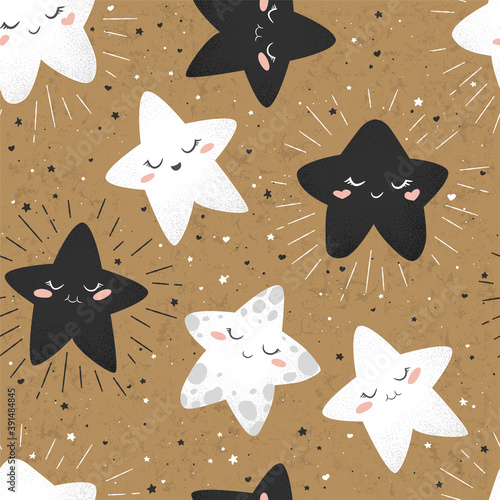 Seamless vector pattern with cute hand drawn cartoon stars isolated on brown background. Design for print, fabric, wallpaper, card, baby room decoration